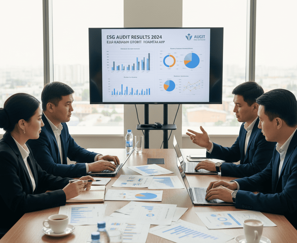 Профессиональная команда экспертов в офисе проводит аналитическую встречу по результатам ESG-аудита, на столе графики, диаграммы и отчёты