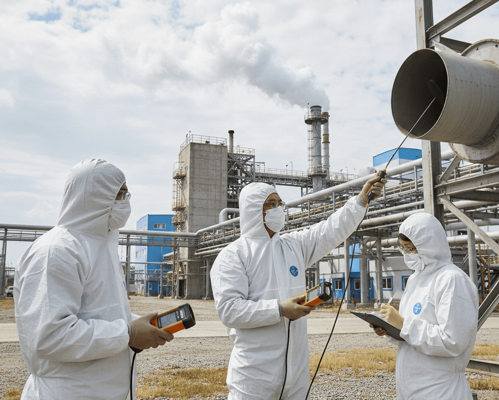 Команда аудиторов в защитных костюмах проводит измерения выбросов углерода на промышленном объекте, используются портативные приборы и регистрационные документы