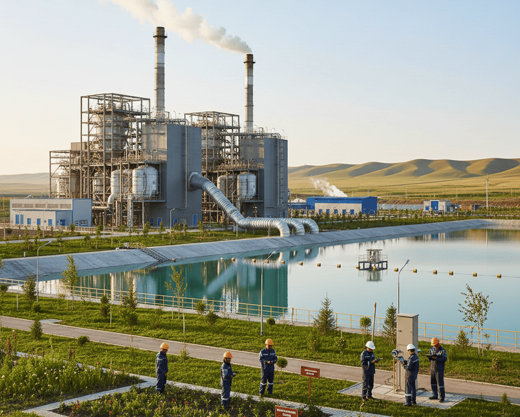 Промышленный комплекс с системами экологического контроля, видны трубы выброса, мониторинг качества воды и зелёные зоны восстановления экосистемы