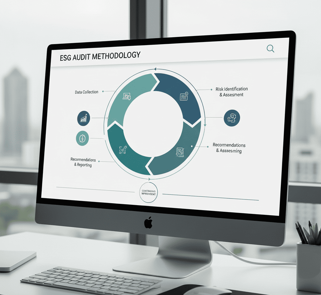 Интерактивная диаграмма методологии ESG-аудита, показывающая циклический процесс: сбор данных, анализ, выявление риска, рекомендации