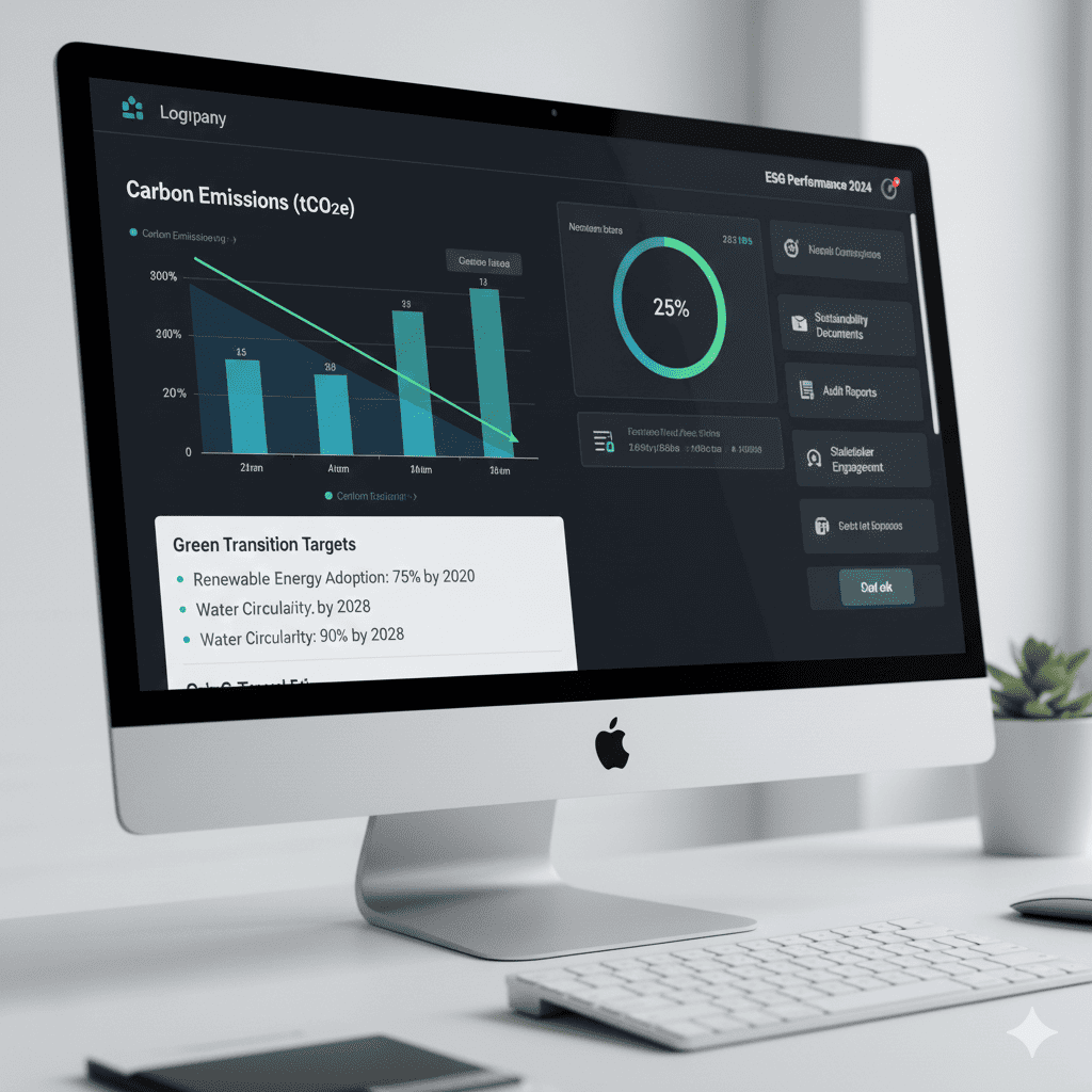 Экран компьютера с интерактивной ESG-отчетностью, графики выбросов, целевые показатели на зелёный переход, документы об устойчивости