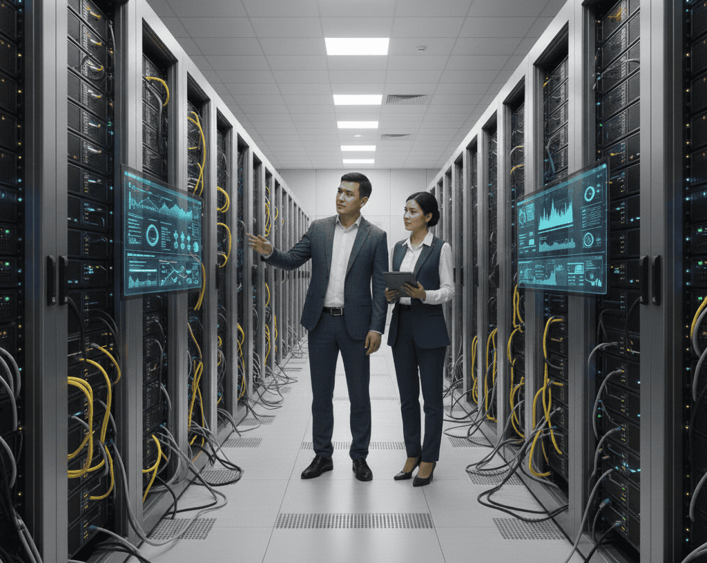 Современный ДЦ с серверами, цифровая интеграция систем управления, лампочки индикаторов работы, нейросетевые диаграммы на экранах